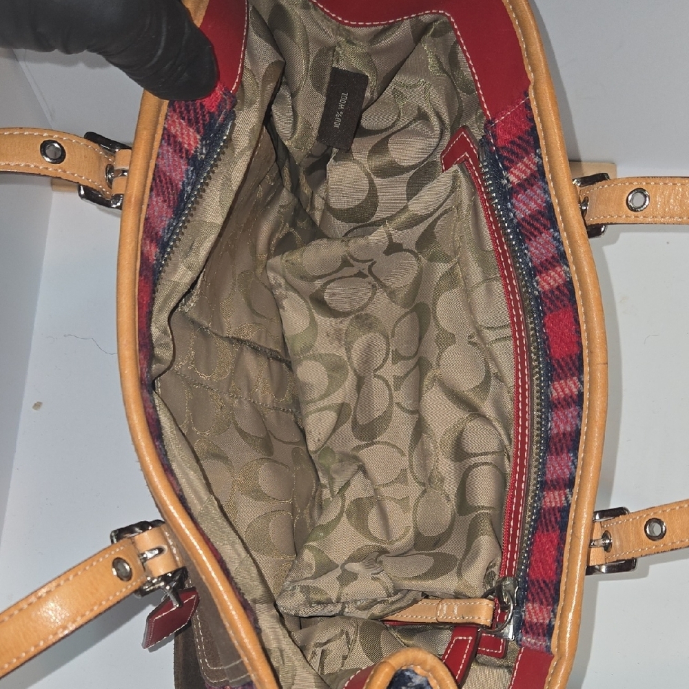 Coach Plaid Tote with Red and Brown Leather - Picture 16 of 16